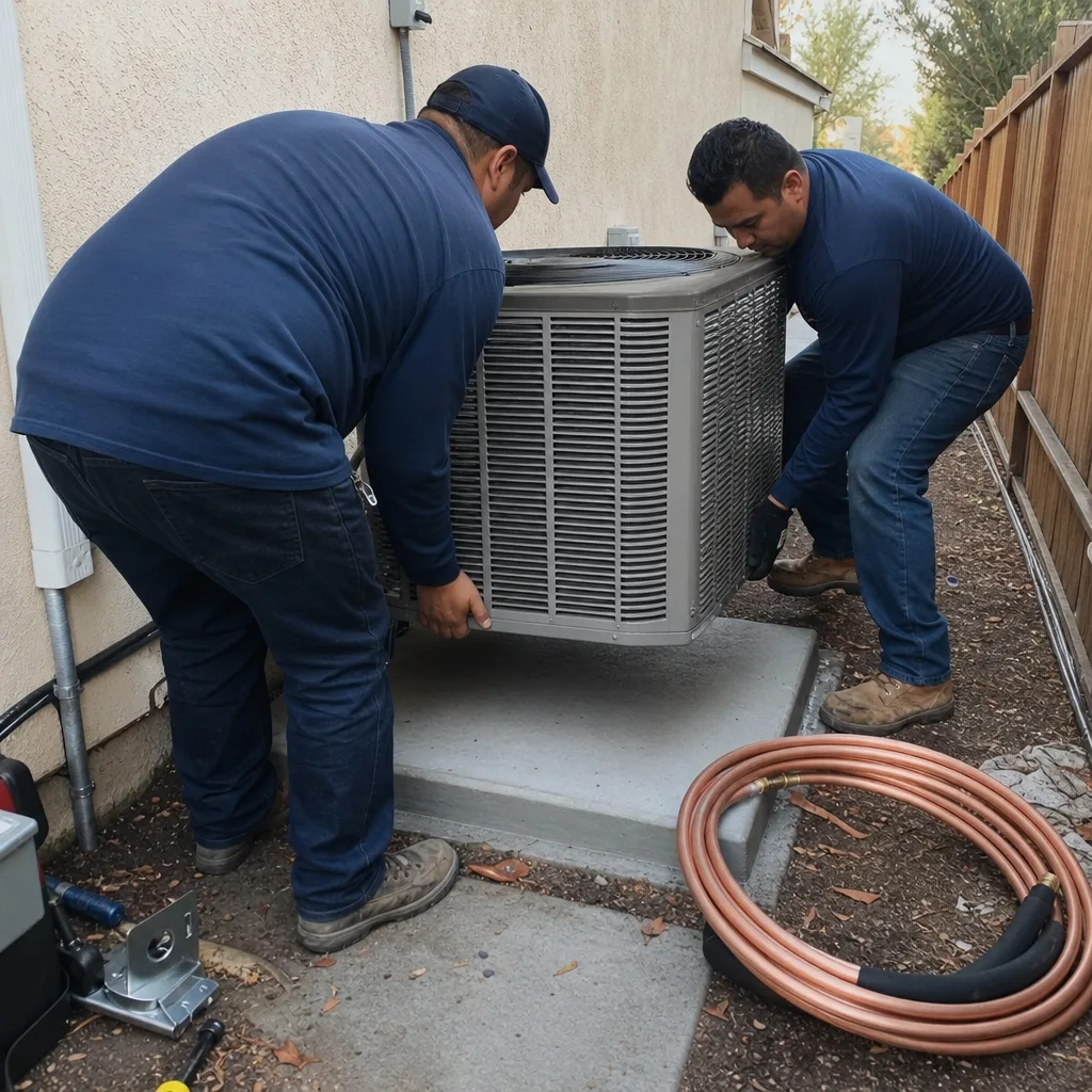 Two professional HVAC technicians installing an outdoor air conditioning unit.