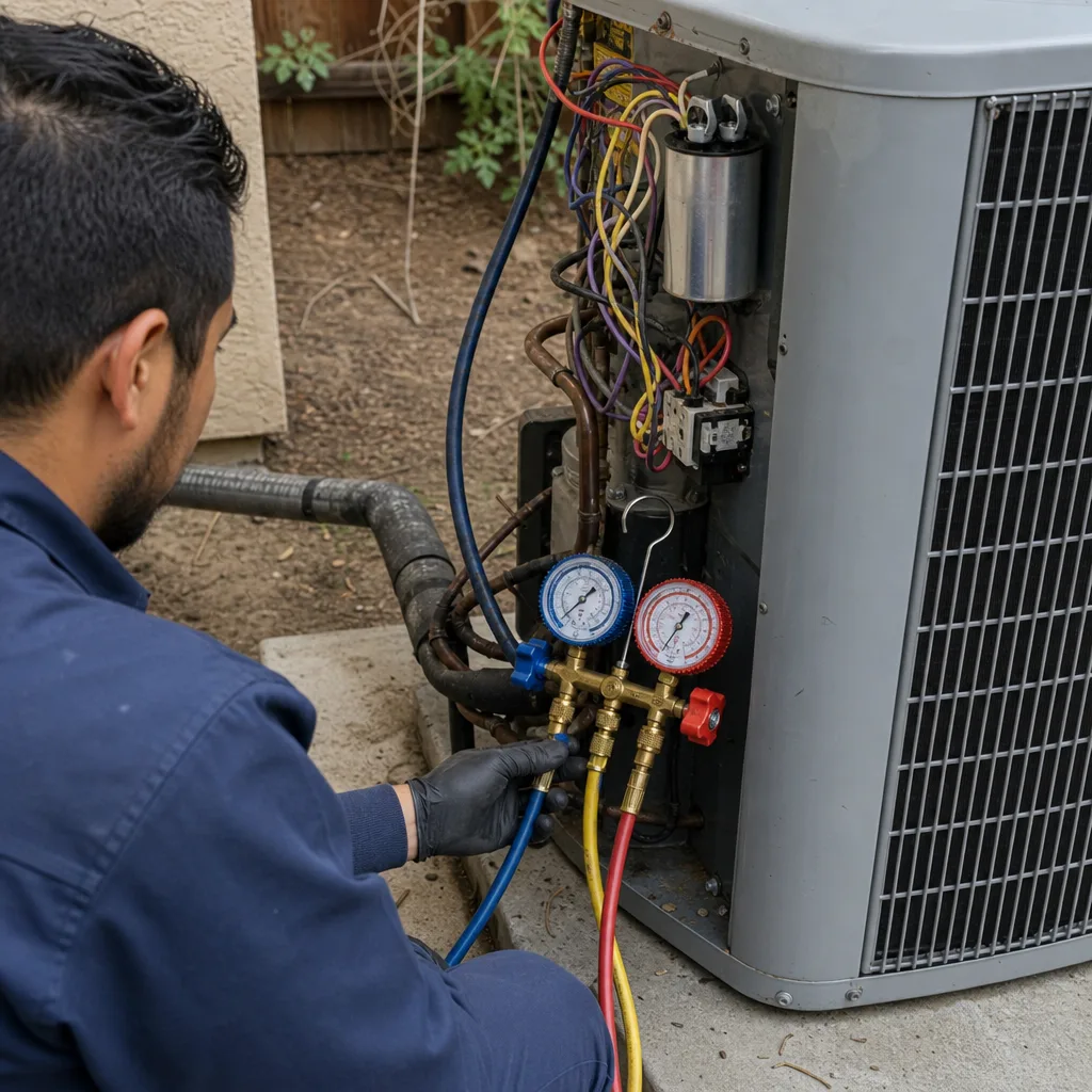 HVAC technician performing professional air conditioning repair and maintenance service
