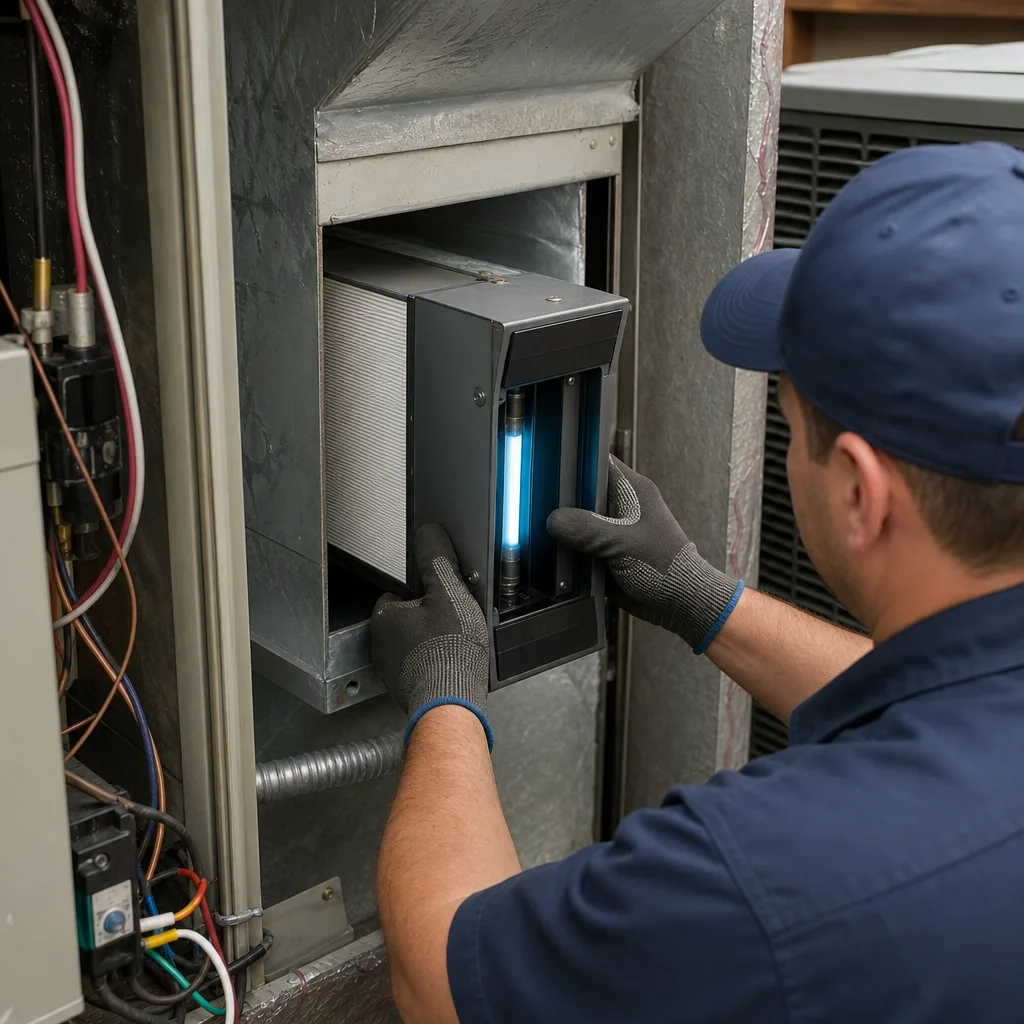 HVAC technician installing an ultraviolet UV air purification system