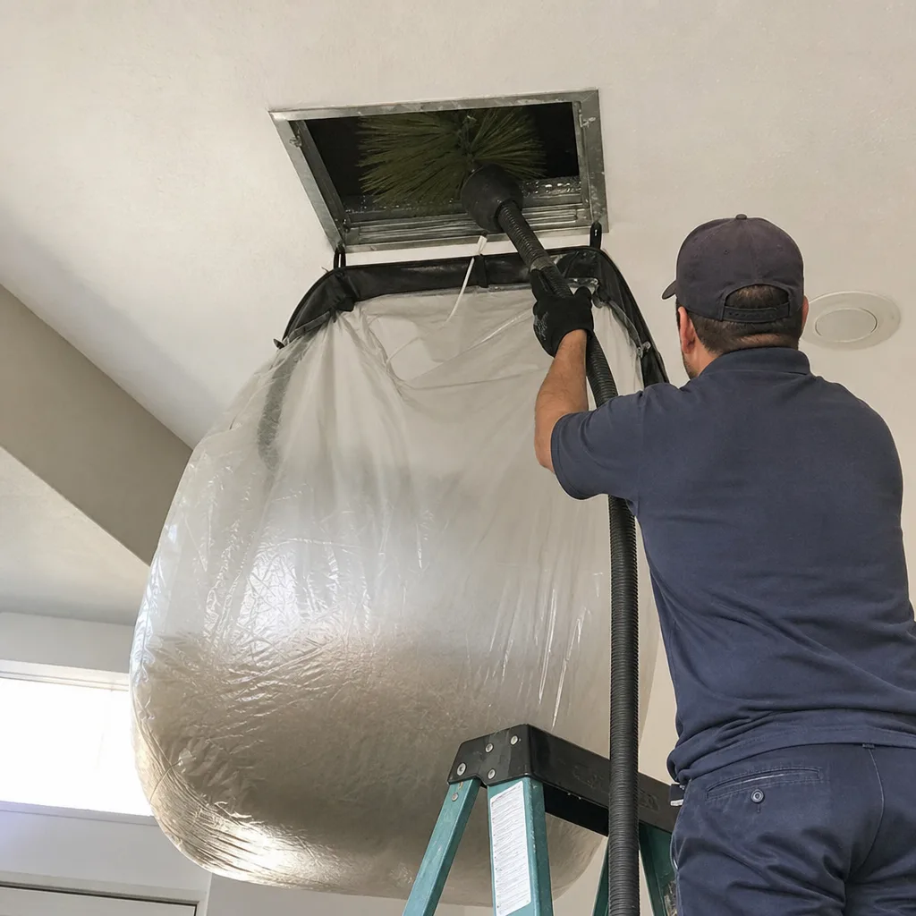 HVAC technician cleaning ceiling air vent with professional dust containment system