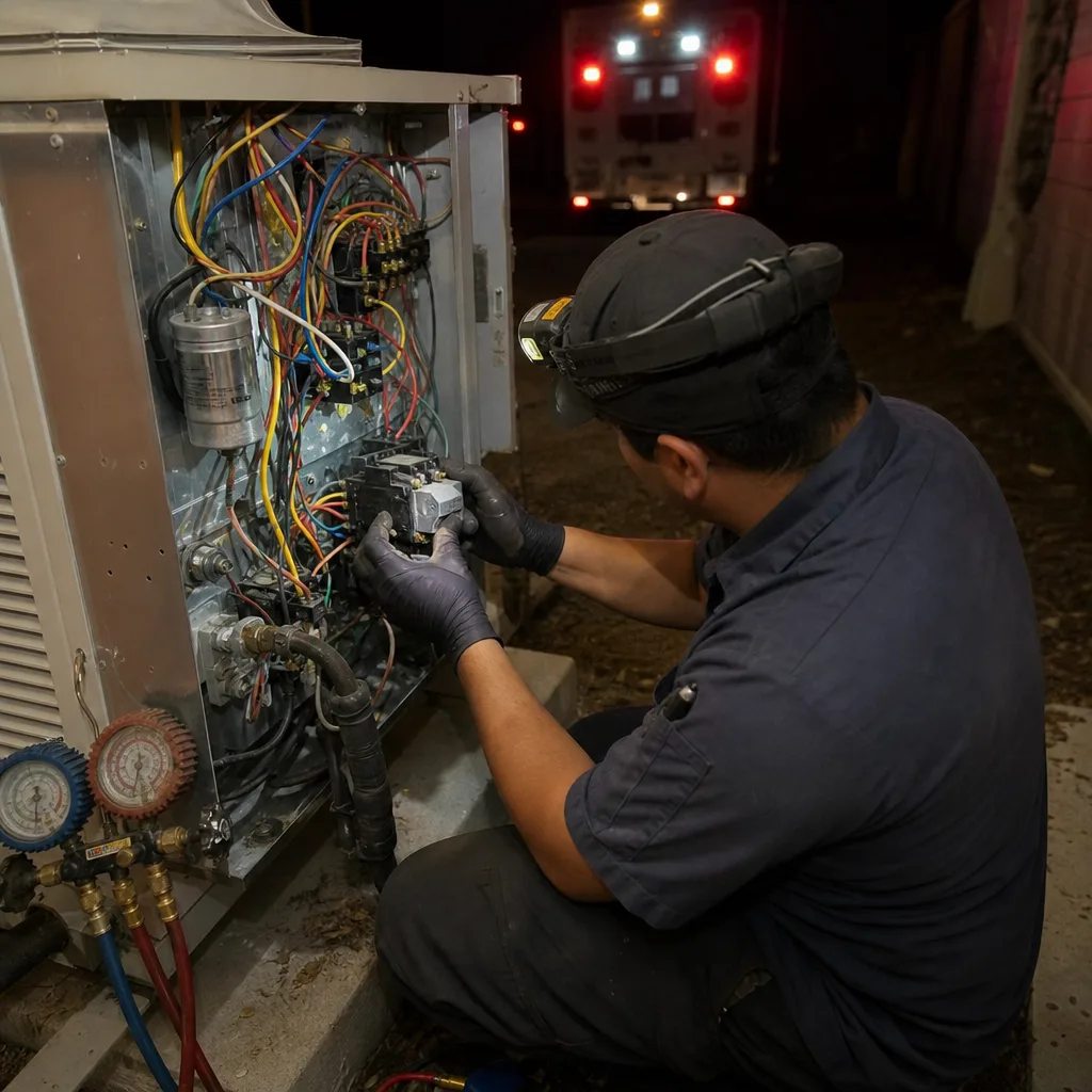 HVAC technician performing emergency commercial repairs at night