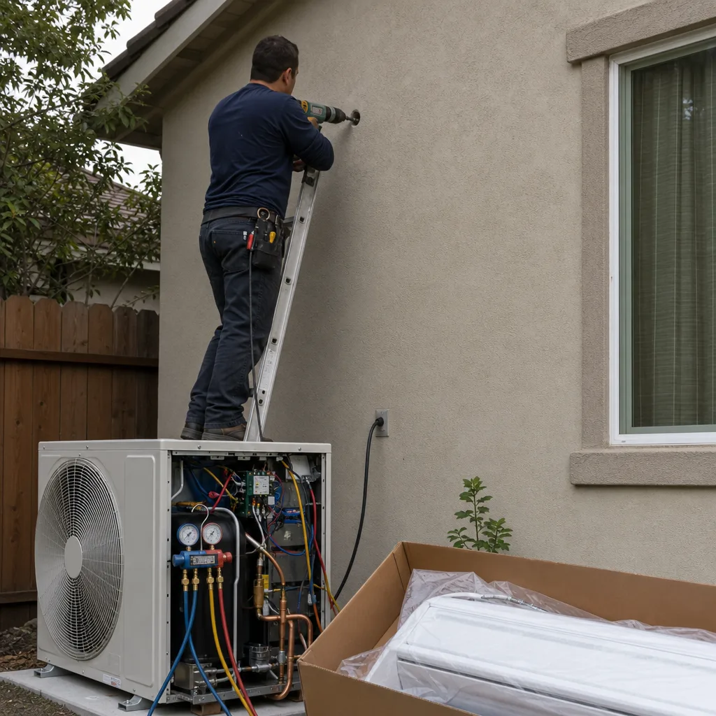 HVAC technician installing residential heat pump and mini split system