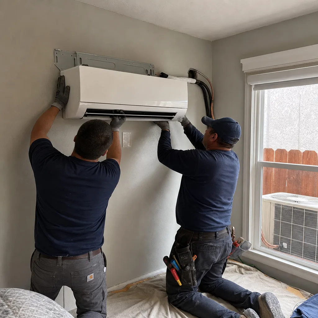 Two technicians installing a wall-mounted mini-split heat pump unit