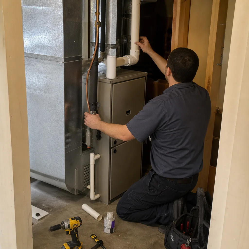 HVAC technician performing professional furnace repair and maintenance work