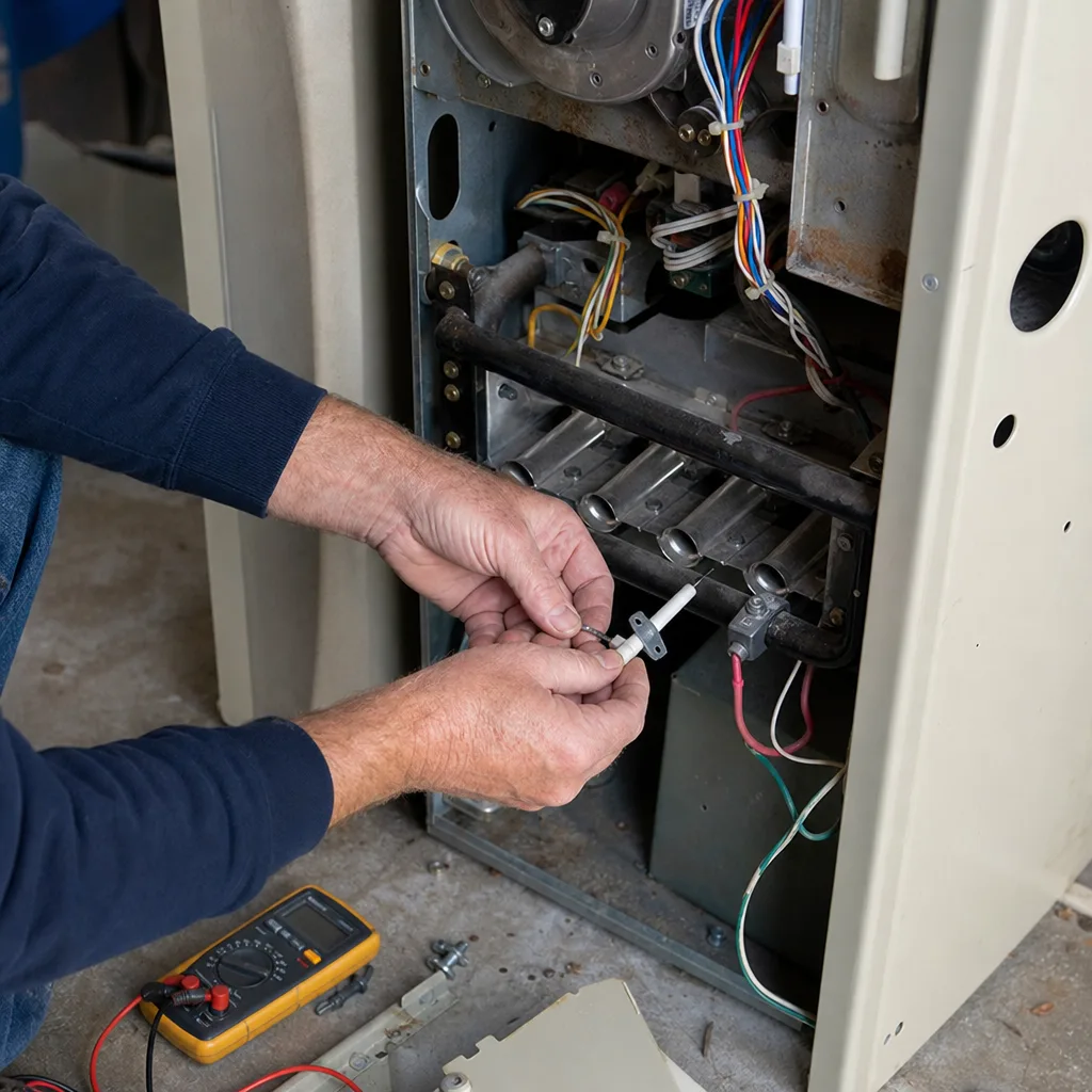 HVAC technician repairing a gas furnace component